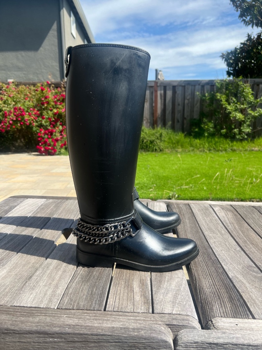 Authentic Love Moschino Rubber Chain Charm Tall Rain Boots Black 38 (8) No Box